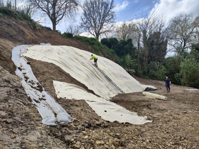 Wool mulch mat being layed on hillside